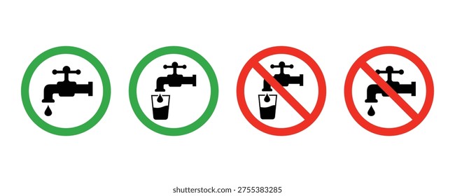 Drinking water and non-drinking water icon set. Drink water and prohibition do not drink water sign
