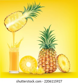 Drinking water from pineapple comes down to the glass.illustration vector