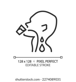 Drinking water pixel perfect linear icon. Liquid flowing down throat. Human body hydration. Healthcare routine. Thin line illustration. Contour symbol. Vector outline drawing. Editable stroke