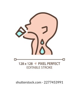 Drinking water pixel perfect RGB color icon. Liquid flowing down throat. Human body hydration. Healthcare routine. Thin line illustration. Contour symbol. Vector outline drawing. Editable stroke