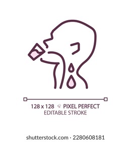 Drinking water pixel perfect RGB color linear icon. Liquid flowing down throat. Human body hydration. Healthcare. Thin line illustration. Contour symbol. Vector outline drawing. Editable stroke