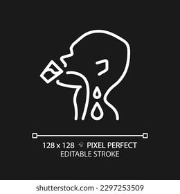 Drinking water pixel perfect white linear icon for dark theme. Liquid flowing down throat. Human body hydration. Thin line illustration. Contour symbol. Vector outline drawing. Editable stroke