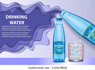 Drinking water poster, banner template. Vector paper cut illustration. Mineral water plastic bottles, drinking glass, water splash and copy space.