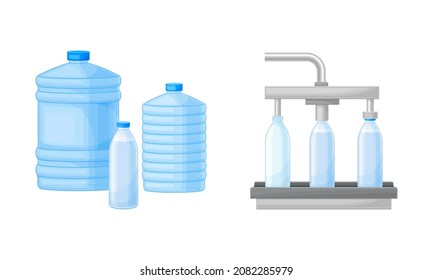 Drinking Water Poured in Plastic Bottles and Moving on Conveyor Belt Vector Set