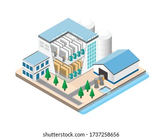 drinking water purification plants in isometric graphic