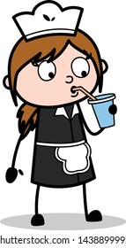 Drinking Water - Retro Cartoon Waitress Female Chef Vector Illustration