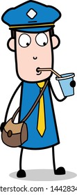 Drinking Water - Retro Postman Cartoon Courier Guy Vector Illustration