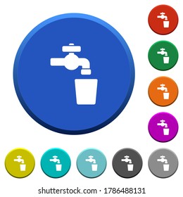 Drinking water round color beveled buttons with smooth surfaces and flat white icons