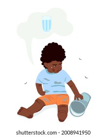 Drinking water scarcity, poor african child crying and thirsty. Vector flat illustration