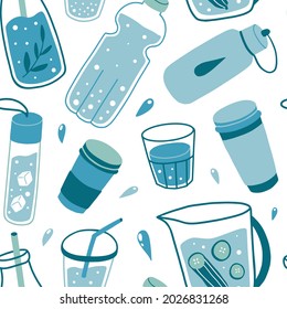 Drinking water seamless pattern with bottles, glass, flask. Stay hydrated concept. Flat hand drawn illustration. Healthy lifestyle daily habits, wellness, morning rituals