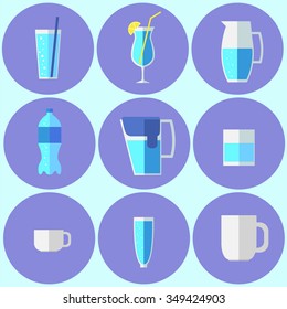 Drinking water set. Flat icons on white background.