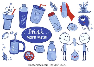 Drinking water stickers set elements in flat graphic design. Collection of fresh blue liquid in cups, bottles, glass with straw, friends drinks beverage, groovy drops, others. Vector illustration.