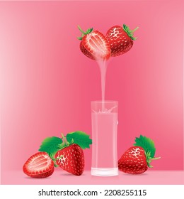 Drinking water from strawberry comes down to the glass.illustration vector