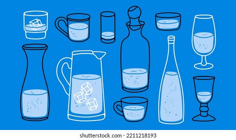 Drinking water in Various containers. Liquid in the glass bottles, wineglass, jug, glasses, cups and mugs. Hand drawn modern Vector illustration. Drink more water concept. All elements are isolated