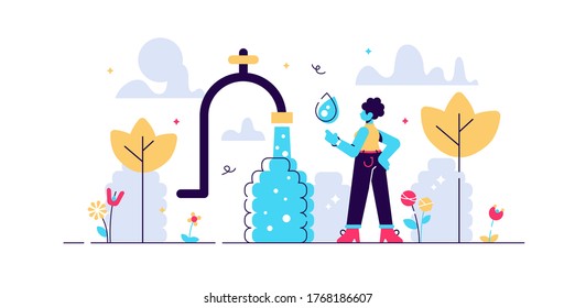 Drinking Water Vector Illustration. Flat Tiny Africa Potable Problem Person Concept. Lack Of Running Safe And Healthy Mineral Liquid In Hot Dry Dessert. Essential Need For Fresh, Clean And Clear H2O.