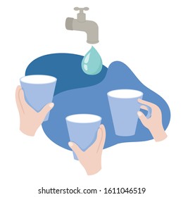 Drinking water vector illustration.Save water with faucet.Fresh and clear natural drink for healthy and safe environment.Three cups for water.