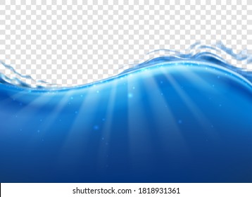 Drinking water wave splash. Into ocean vector illustration, sea under water image, underwater ripple with bubbles on transparent background