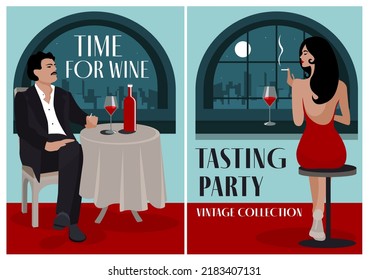 Сouple drinking wine at bar vector illustration. Couple sitting at the bar counter, raise wine glasses, looking at each other. Young adult beautiful brunette in a red dress and a man in a suit