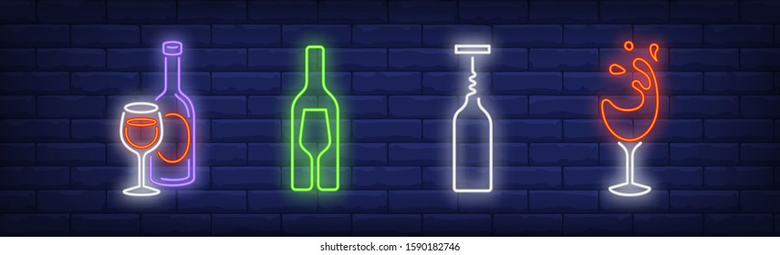 Drinking wine neon signs set. Bottle, glass, opener, corkscrew. Vector illustration in neon style, bright banner for topics like winery, celebration, alcoholic beverage