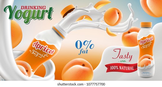 Drinking yogurt ads with natural apricot taste and flavor with splashing milk swirl commercial vector mock-up hyperrealistic illustration