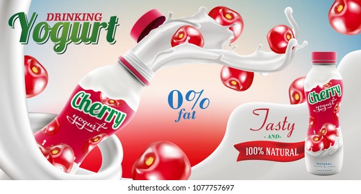 Drinking yogurt ads with natural cherry taste and flavor with splashing milk swirl commercial vector mock-up hyperrealistic illustration