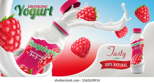 Drinking yogurt ads with natural raspberry taste and flavor with splashing milk swirl commercial vector mock-up hyperrealistic illustration