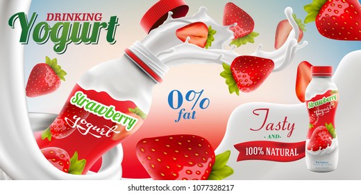 Drinking yogurt ads with natural strawberry taste and flavor with splashing milk swirl commercial vector mock-up hyperrealistic illustration