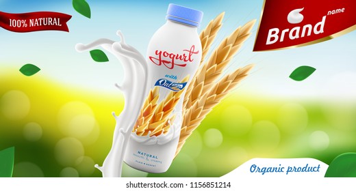 Drinking yogurt bottle with oats on bright summer background branding ready commercial flyer realistic illustration