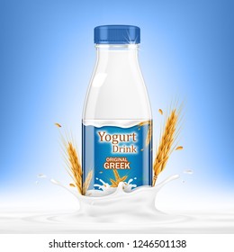 Drinking yogurt bottle with oats and splashes on blue background. Vector realistic illustration