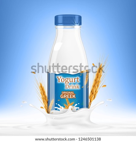 Drinking yogurt bottle with oats and splashes on blue background. Vector realistic illustration