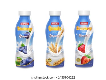 Drinking yogurt in bottles set with berries. Strawberry, blueberry and cereals