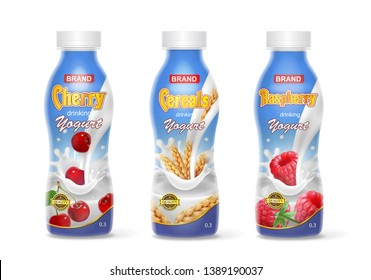 Drinking yogurt in bottles set with fruit and berries. Cherry, raspberry and cereals