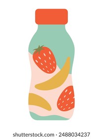 Beber yogur en una botella de plástico. Yogur con fresas y plátano. Comida para bebés. Ilustración vectorial aislada en estilo de arte Clip.