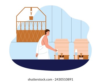 Beber agua Zam Zam mientras se realiza la peregrinación Hajj en la tierra santa de La Meca, ilustración vectorial musulmana.