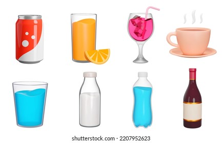 Drinks 3d icon set. Beverages. Soda, juice, alcohol, water, milk etc. Various vessels with liquid. Can, bottle, cup, glass. Isolated icons, objects on a transparent background