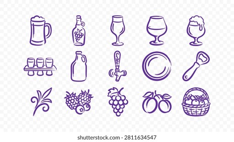 drinks alcohol and celebration bar art doodle handmade ink scribble flat line art vector illustration icon bundle set calligraphy drawing design social nightlife art set
