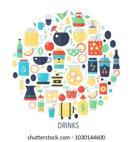 Drinks alcohol, coffee, tee flat infographics icons in circle - color concept illustration for drink cover, emblem, template.