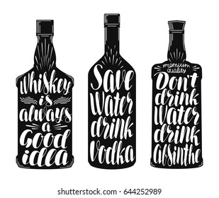 Drinks, alcoholic beverages label set. Whiskey bottle, vodka, absinthe icon or symbol. Handwritten lettering vector illustration