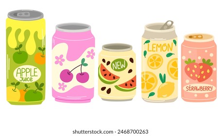 Drinks in aluminum cans. Soda, lemonades, fruit flavored beverages, carbonated sparkling water, cold summer refreshments. Flat vector illustration isolated on white background