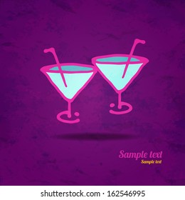 Drinks background with simple sketch icon wine glasses with a straw isolated on grunge paper texture background. Martini. Cocktail. Doodle, cartoon drawing illustration. Vintage. Retro style - vector