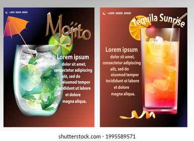 Drinks. Banner cocktails Mojito and Tequitla Sunrise
