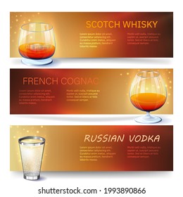 Drinks. Banner cognac, whiskey, vodka. Abstract vector illustration of banners with the image of strong drinks with text information. A blank for creativity.