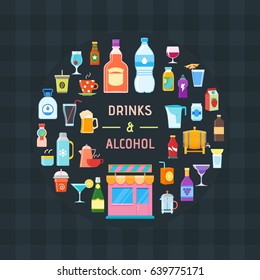 Drinks banner. Design template with icons of drinks and alcohol. Vector illustration