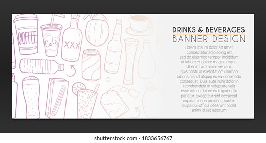 Drinks Banner Doodles. Beverages Background Hand drawn. Bottle illustration. Vector Horizontal Design.