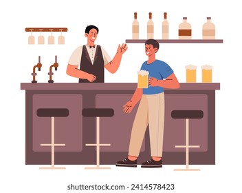 Drinks beer in bar concept. Bartender with client ith glass of alcoholic drinks, beverage. Client in cafe or pub with alcohol. Cartoon flat vector illustration isolated on white background