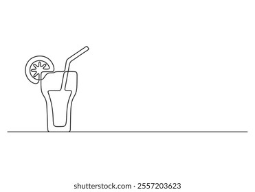  Drinks beverage cold with ice cubes and straw continuous one line drawing vector illustration