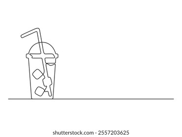  Drinks beverage cold with ice cubes and straw continuous one line drawing vector illustration