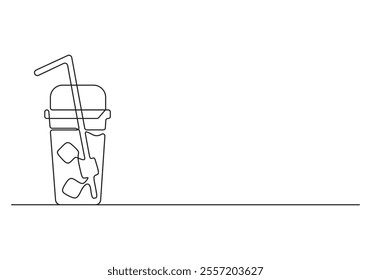  Drinks beverage cold with ice cubes and straw continuous one line drawing vector illustration