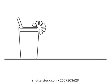  Drinks beverage cold with ice cubes and straw continuous one line drawing vector illustration