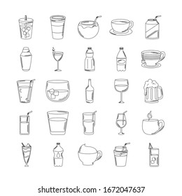 drinks beverage glass cups bottle alcoholic liquor icons set vector illustration line style icon